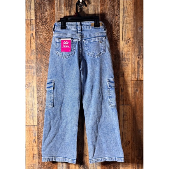 Justice Girls Denim Cargo Pants Size 6 Light Wash Pockets Adjustable Waist Jeans - Picture 2 of 6